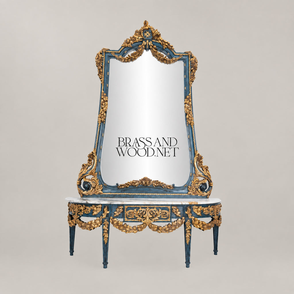 Louis XVI Neoclassical Hand-Carved Blue and Gold Console Table with Tall Pier Mirror and White Marble Top View 2 | Brass & Wood