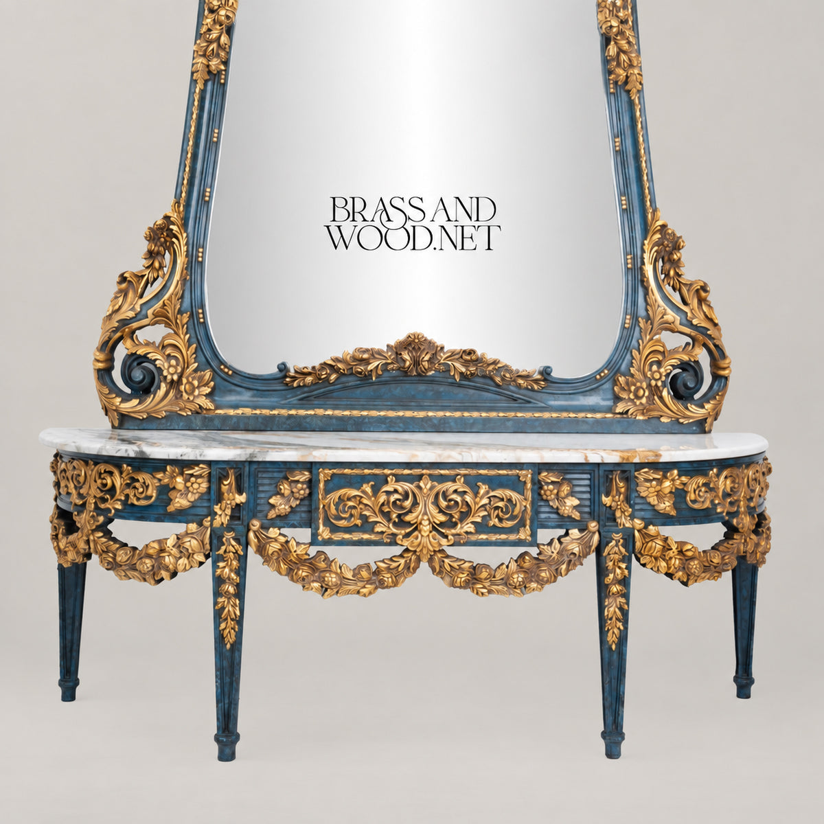 Louis XVI Neoclassical Hand-Carved Blue and Gold Console Table with Tall Pier Mirror and White Marble Top View 3 | Brass & Wood