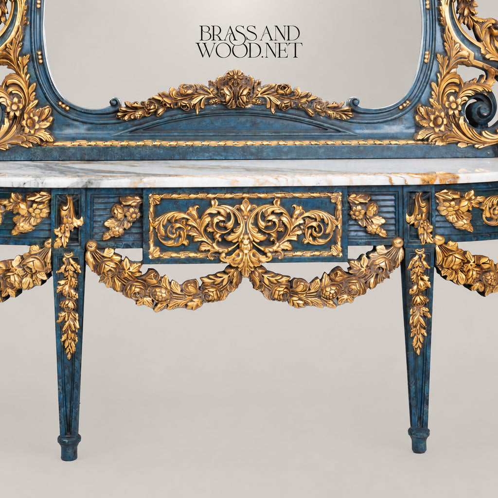 Louis XVI Neoclassical Hand-Carved Blue and Gold Console Table with Tall Pier Mirror and White Marble Top View 4 | Brass & Wood