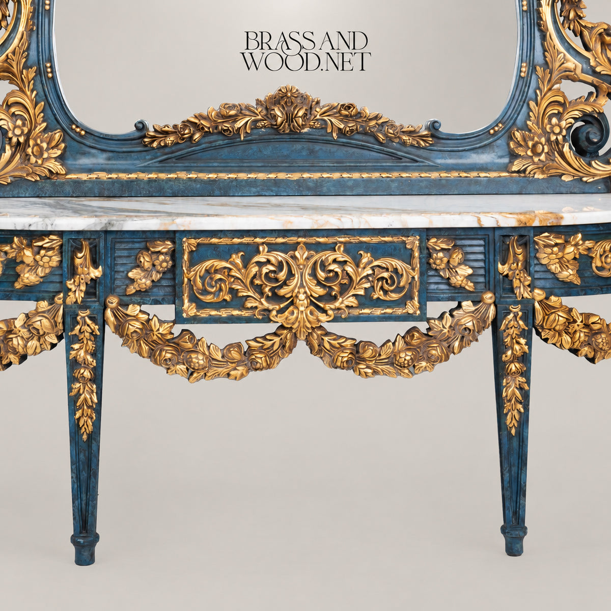 Louis XVI Neoclassical Hand-Carved Blue and Gold Console Table with Tall Pier Mirror and White Marble Top View 4 | Brass & Wood
