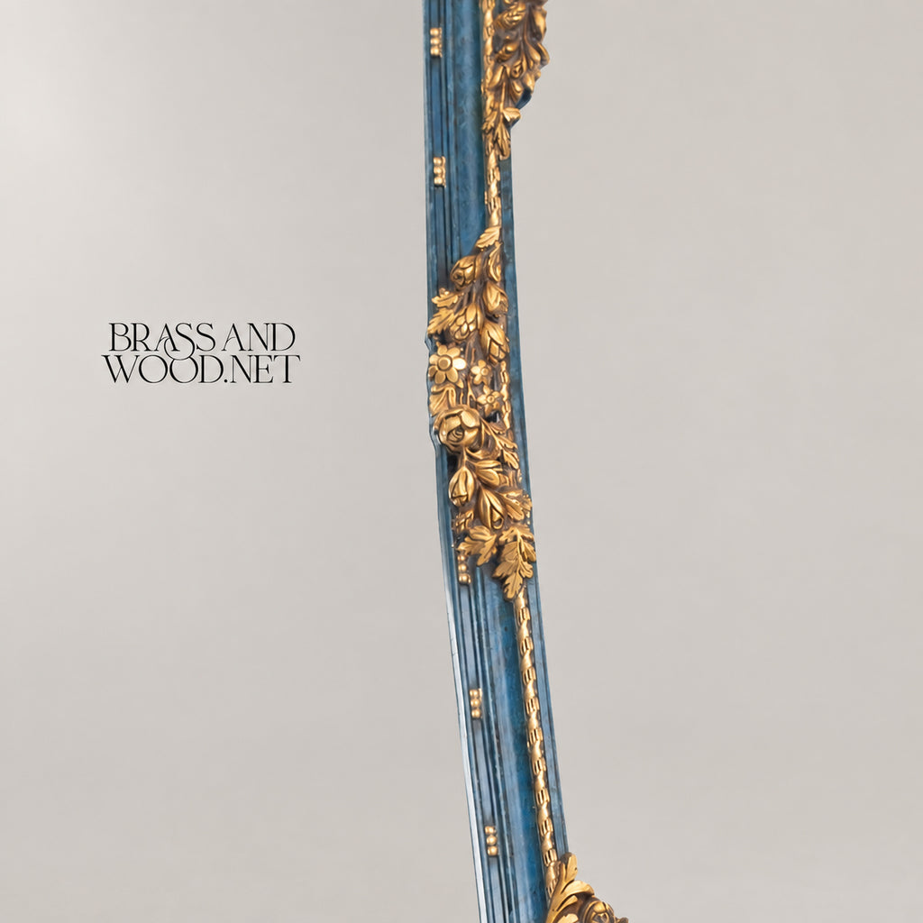 Louis XVI Neoclassical Hand-Carved Blue and Gold Console Table with Tall Pier Mirror and White Marble Top View 5 | Brass & Wood