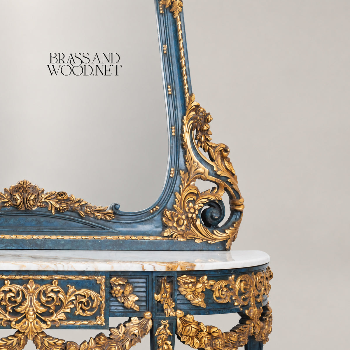 Louis XVI Neoclassical Hand-Carved Blue and Gold Console Table with Tall Pier Mirror and White Marble Top View 6 | Brass & Wood
