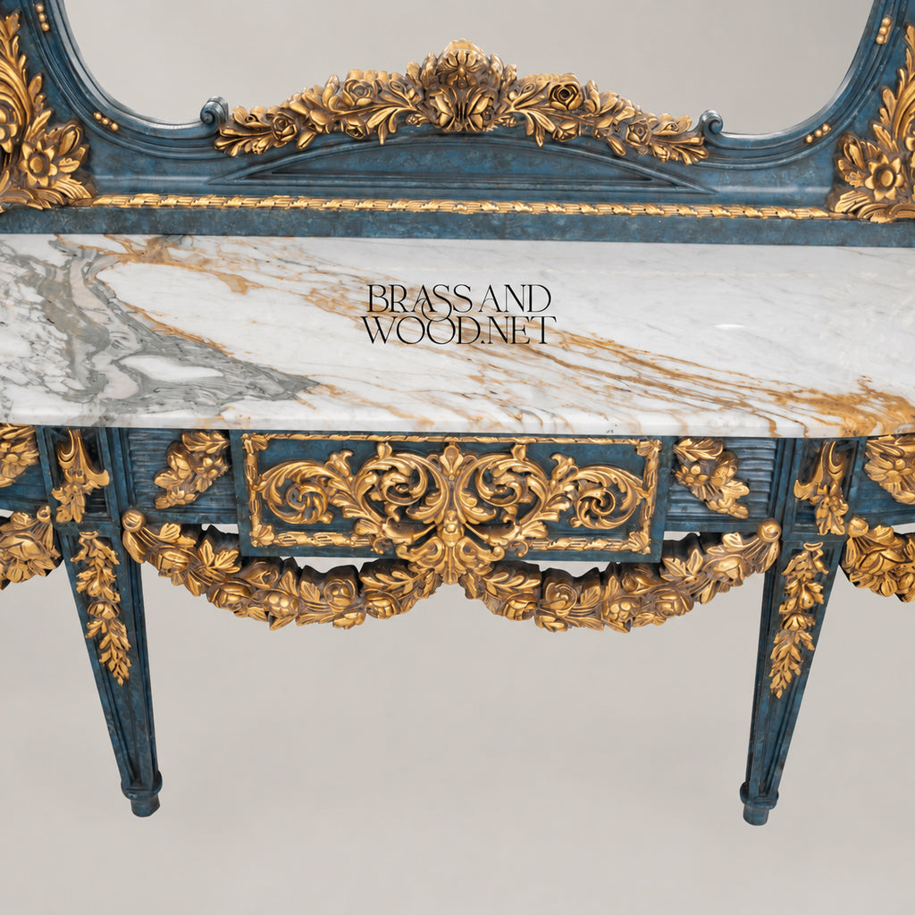 Louis XVI Neoclassical Hand-Carved Blue and Gold Console Table with Tall Pier Mirror and White Marble Top View 7 | Brass & Wood