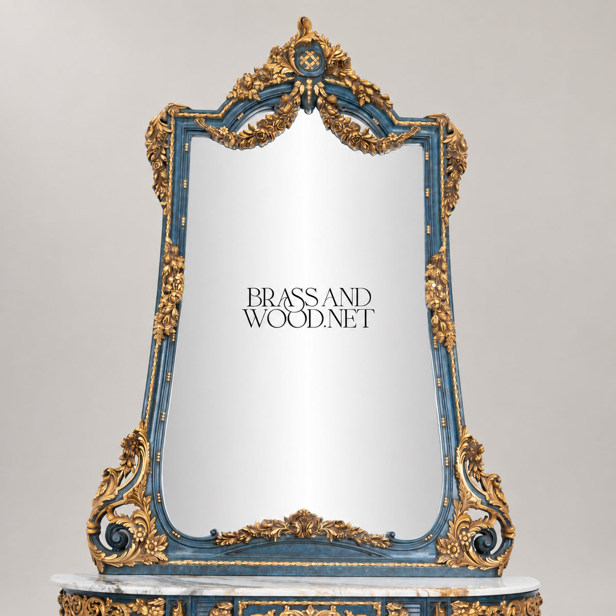 Louis XVI Neoclassical Hand-Carved Blue and Gold Console Table with Tall Pier Mirror and White Marble Top View 8 | Brass & Wood