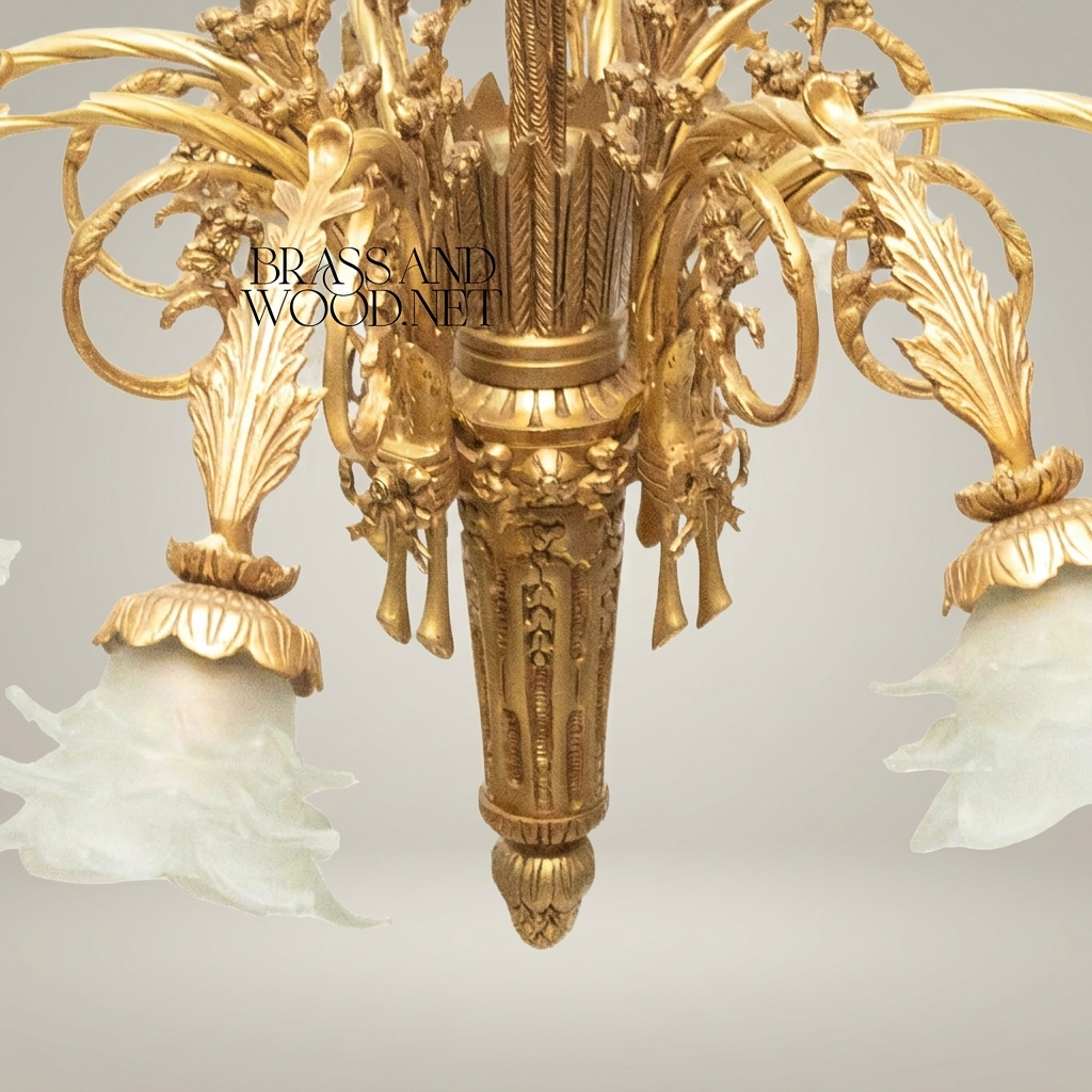Louis XVI Neoclassical Brass Chandelier - 5-Arm Bow & Tassel with Frosted Petal Shades — Antique Gold