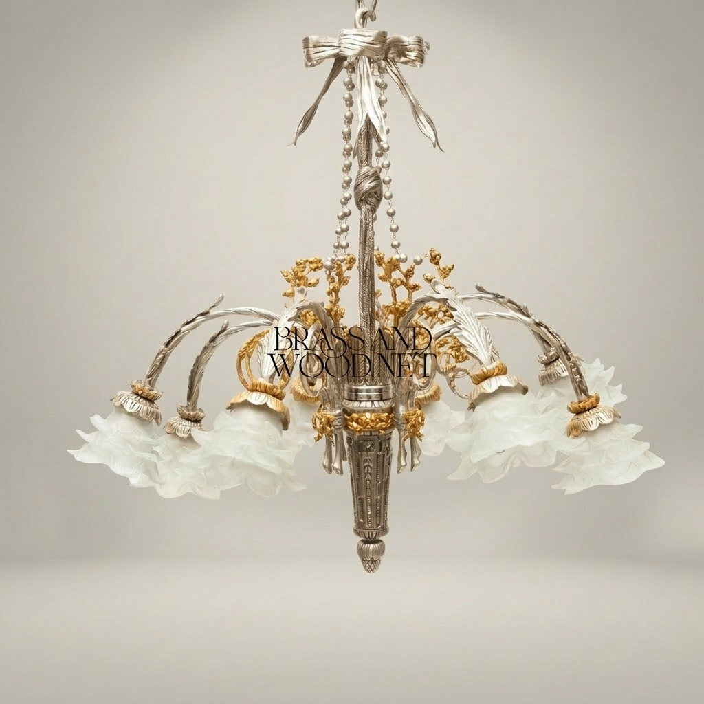 Louis XVI Neoclassical Brass Chandelier - 5-Arm Bow & Tassel with Frosted Petal Shades — Silver