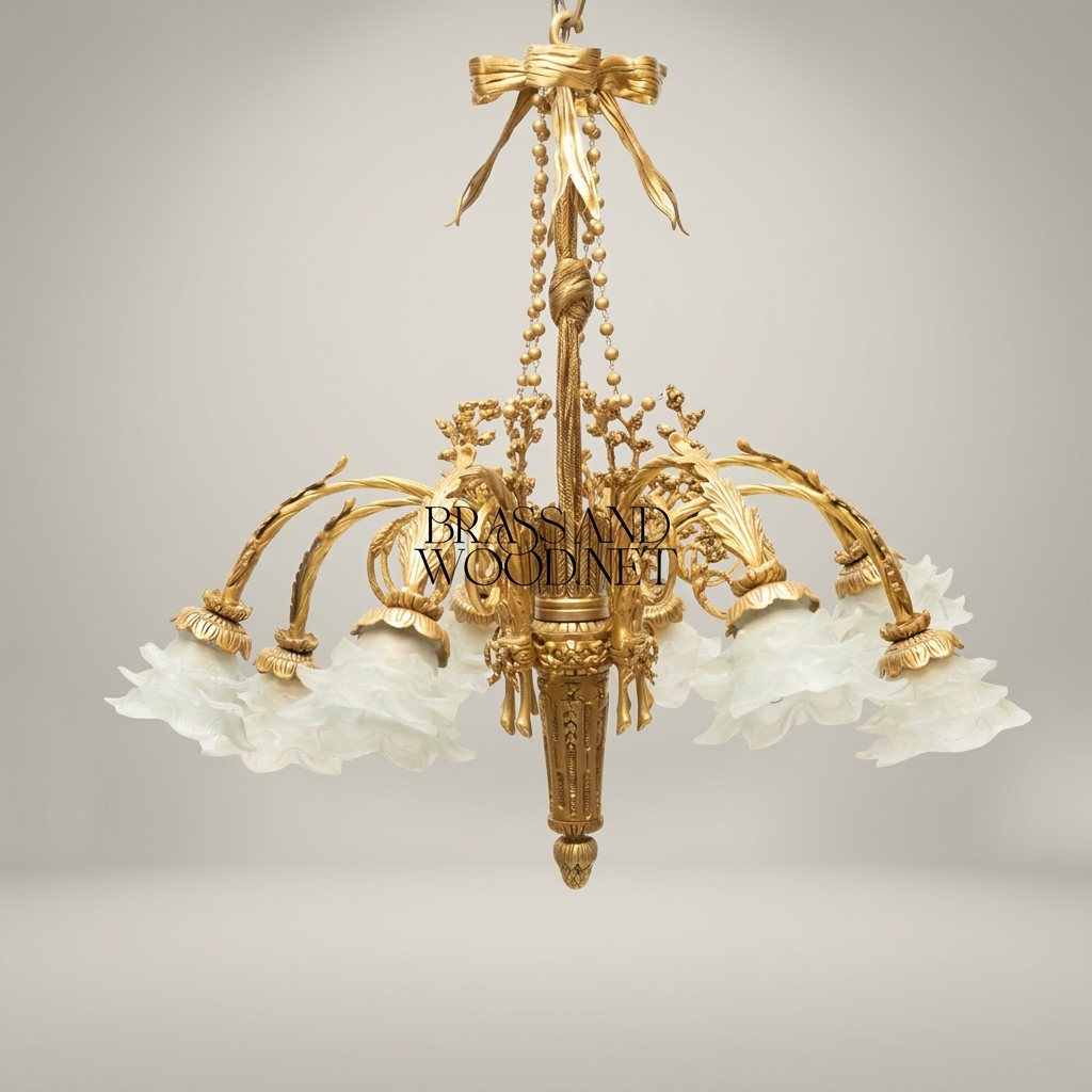 Louis XVI Neoclassical Brass Chandelier - 5-Arm Bow & Tassel with Frosted Petal Shades — Antique Gold