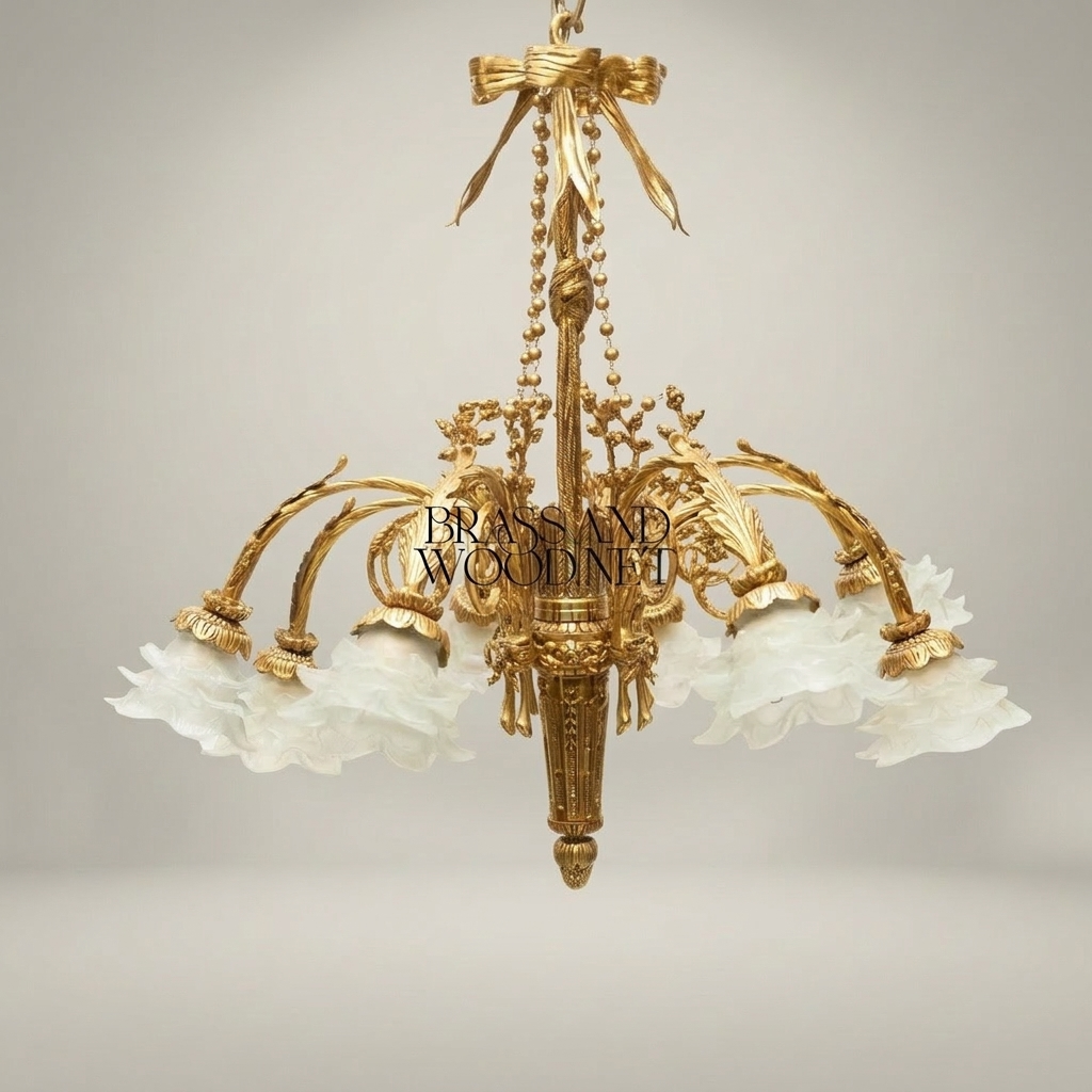 Louis XVI Neoclassical Brass Chandelier - 5-Arm Bow & Tassel with Frosted Petal Shades — Gold