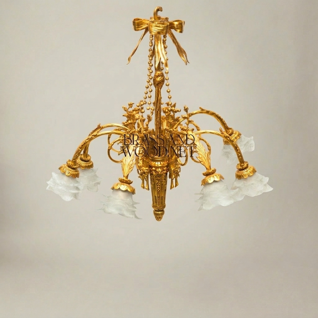 Louis XVI Neoclassical Brass Chandelier - 5-Arm Bow & Tassel with Frosted Petal Shades — Gold