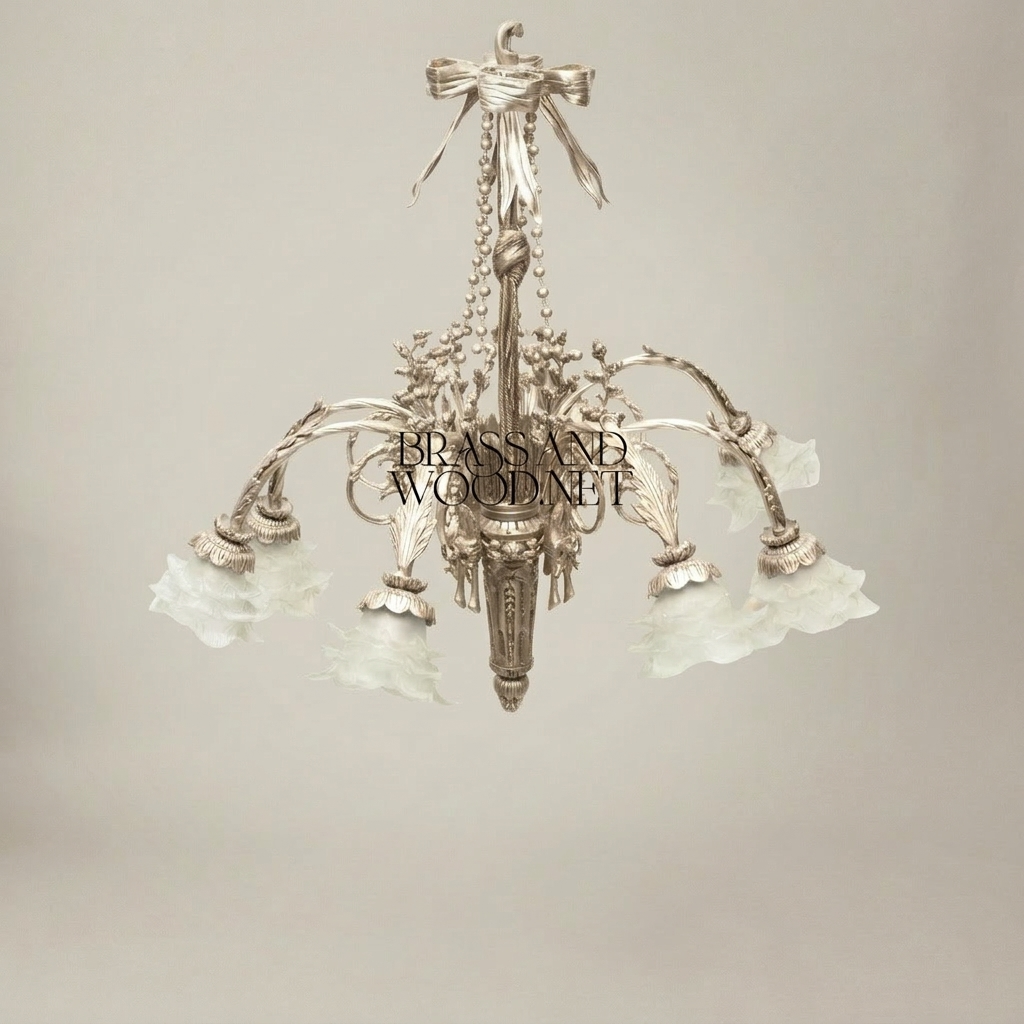 Louis XVI Neoclassical Brass Chandelier - 5-Arm Bow & Tassel with Frosted Petal Shades — Silver