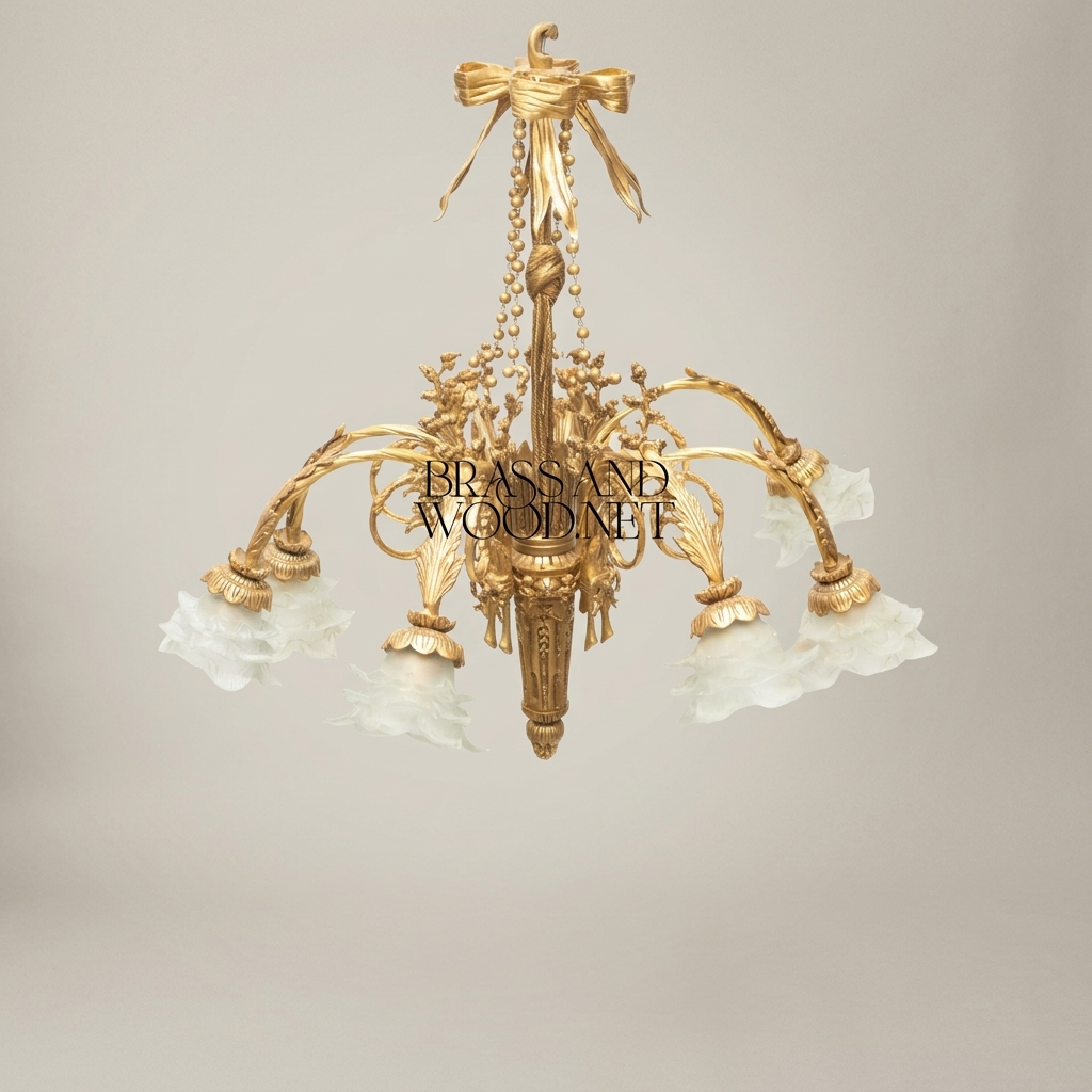 Louis XVI Neoclassical Brass Chandelier - 5-Arm Bow & Tassel with Frosted Petal Shades — Antique Gold
