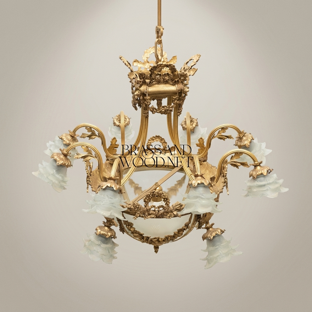 Louis XVI Neoclassical Brass & Frosted Glass Chandelier with Floral Shades and Laurel Wreath Bowl — Antique Gold