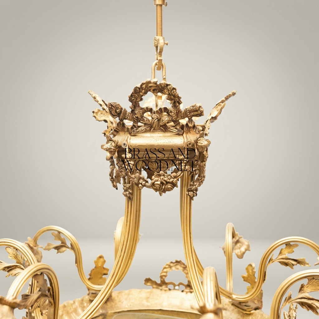 Louis XVI Neoclassical Brass & Frosted Glass Chandelier with Floral Shades and Laurel Wreath Bowl — Antique Gold