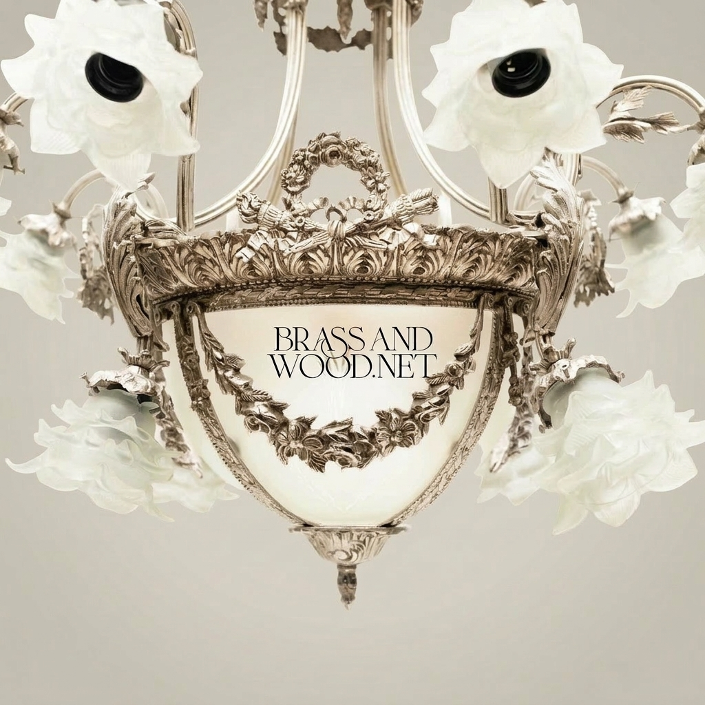 Louis XVI Neoclassical Brass & Frosted Glass Chandelier with Floral Shades and Laurel Wreath Bowl — Silver