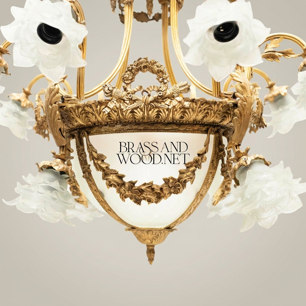 Louis XVI Neoclassical Brass & Frosted Glass Chandelier with Floral Shades and Laurel Wreath Bowl — Antique Gold