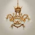 Louis XVI Neoclassical Brass & Frosted Glass Chandelier with Floral Shades and Laurel Wreath Bowl — Gold