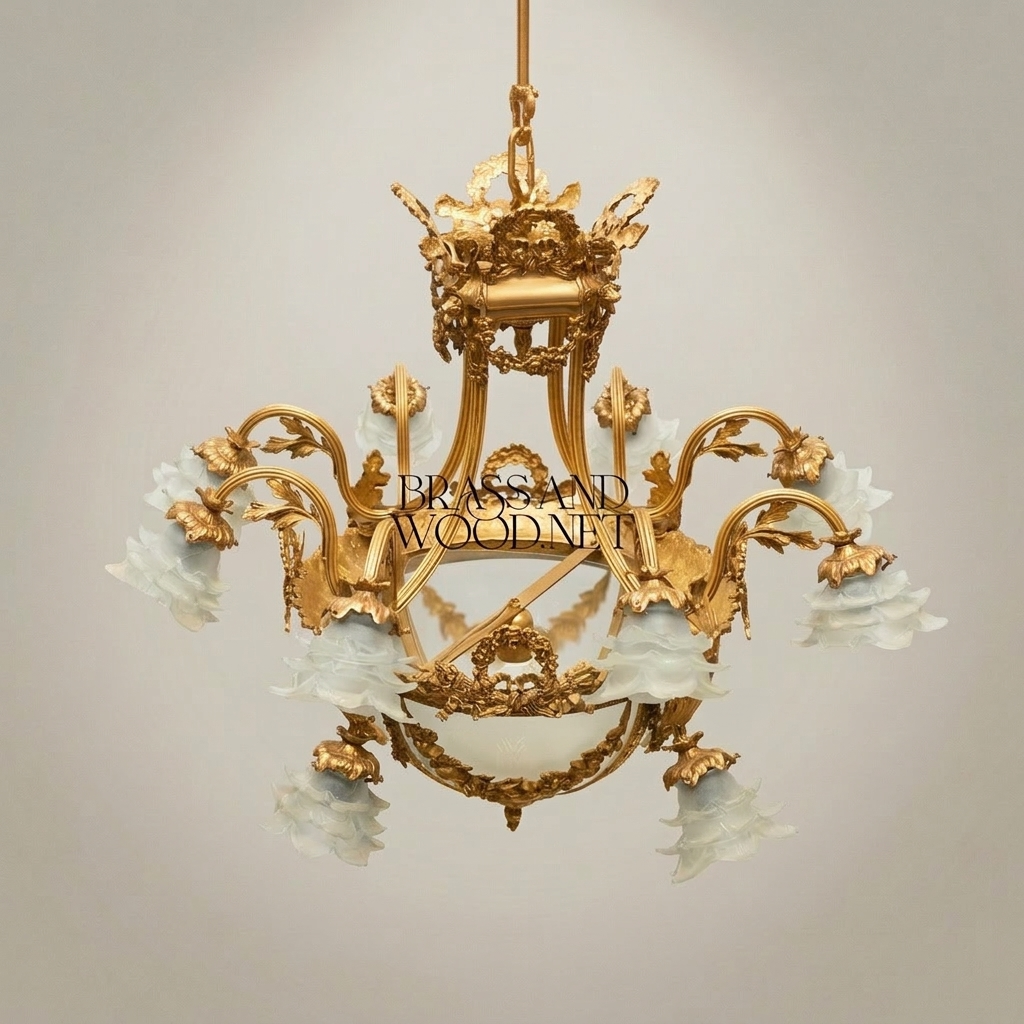 Louis XVI Neoclassical Brass & Frosted Glass Chandelier with Floral Shades and Laurel Wreath Bowl — Gold