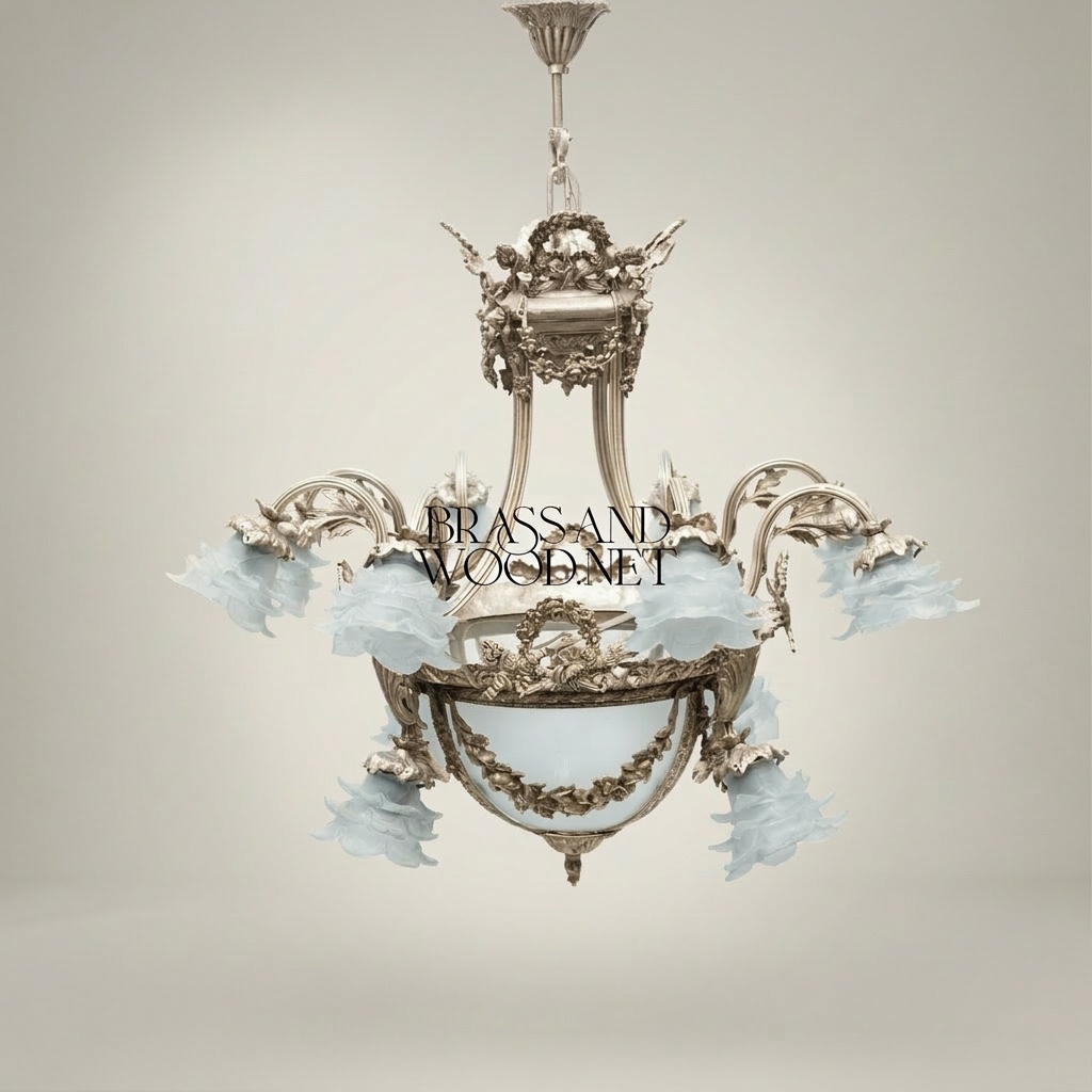 Louis XVI Neoclassical Brass & Frosted Glass Chandelier with Floral Shades and Laurel Wreath Bowl — Silver