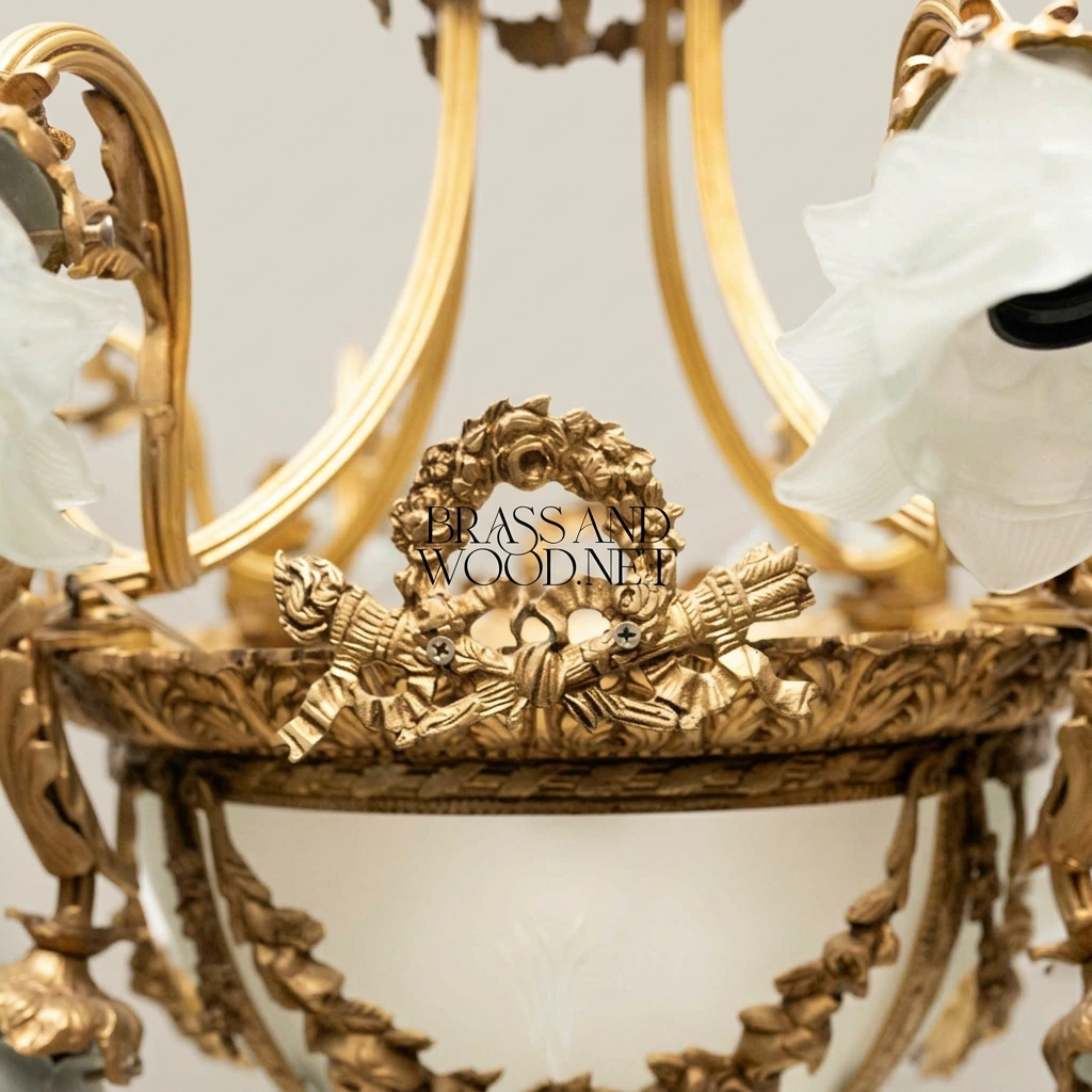 Louis XVI Neoclassical Brass & Frosted Glass Chandelier with Floral Shades and Laurel Wreath Bowl — Antique Gold