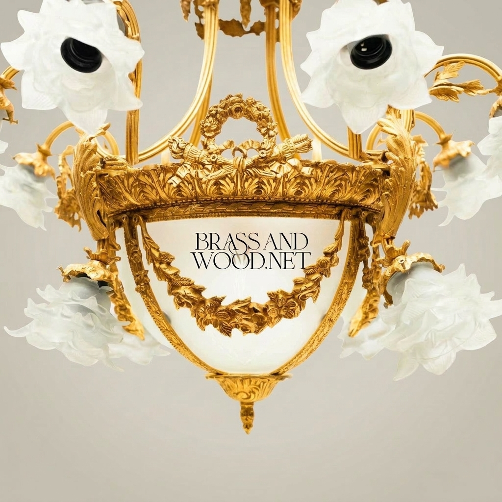 Louis XVI Neoclassical Brass & Frosted Glass Chandelier with Floral Shades and Laurel Wreath Bowl