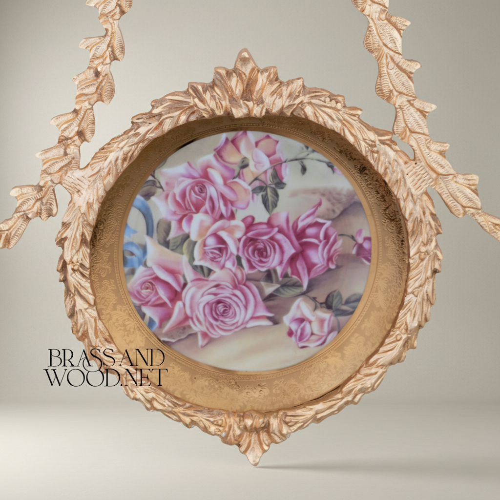 Louis XVI Neoclassical Brass Hanging Plate Frame - Laurel Swag Suspension — Gold