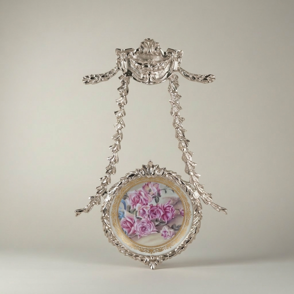 Louis XVI Neoclassical Brass Hanging Plate Frame - Laurel Swag Suspension — Silver