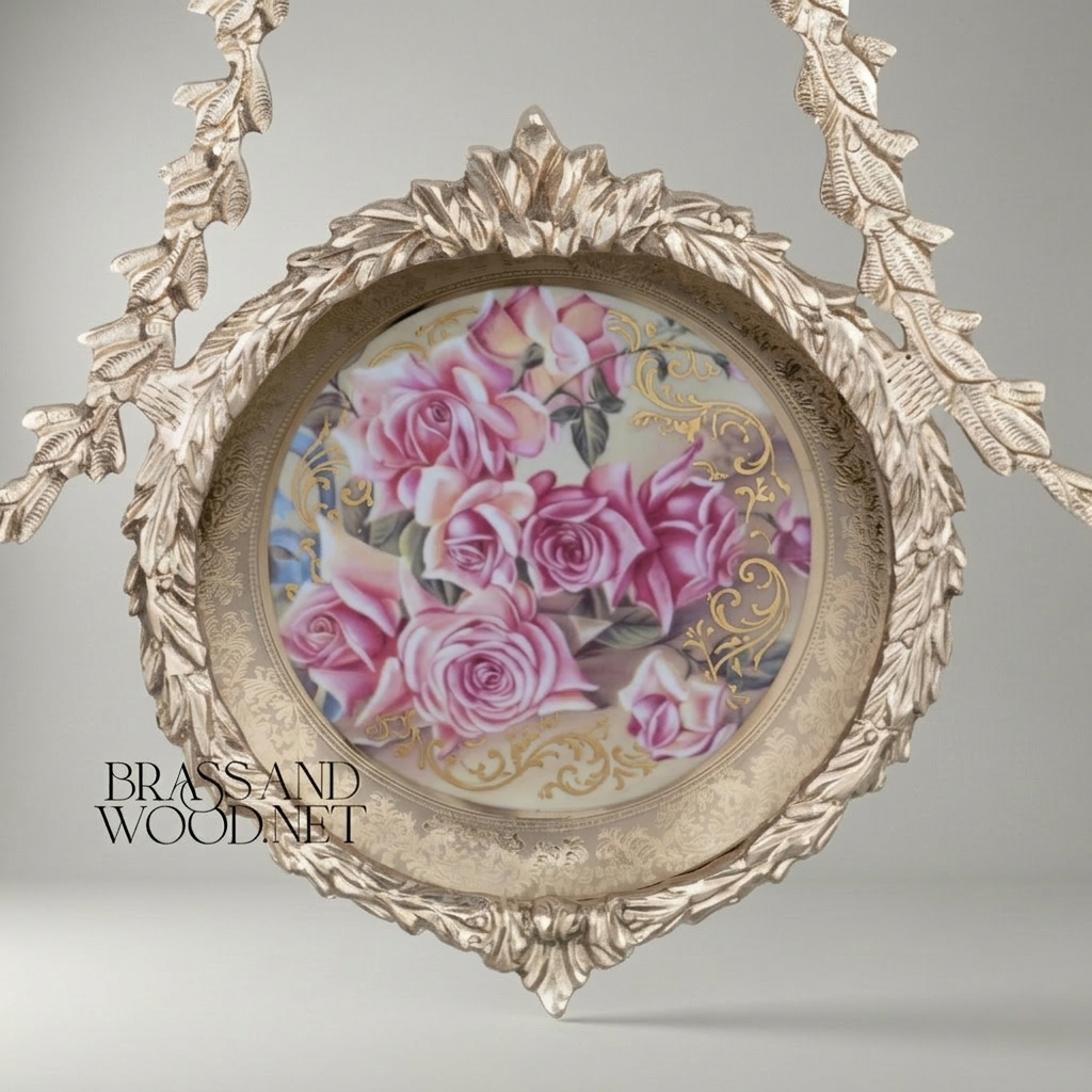 Louis XVI Neoclassical Brass Hanging Plate Frame - Laurel Swag Suspension — Silver