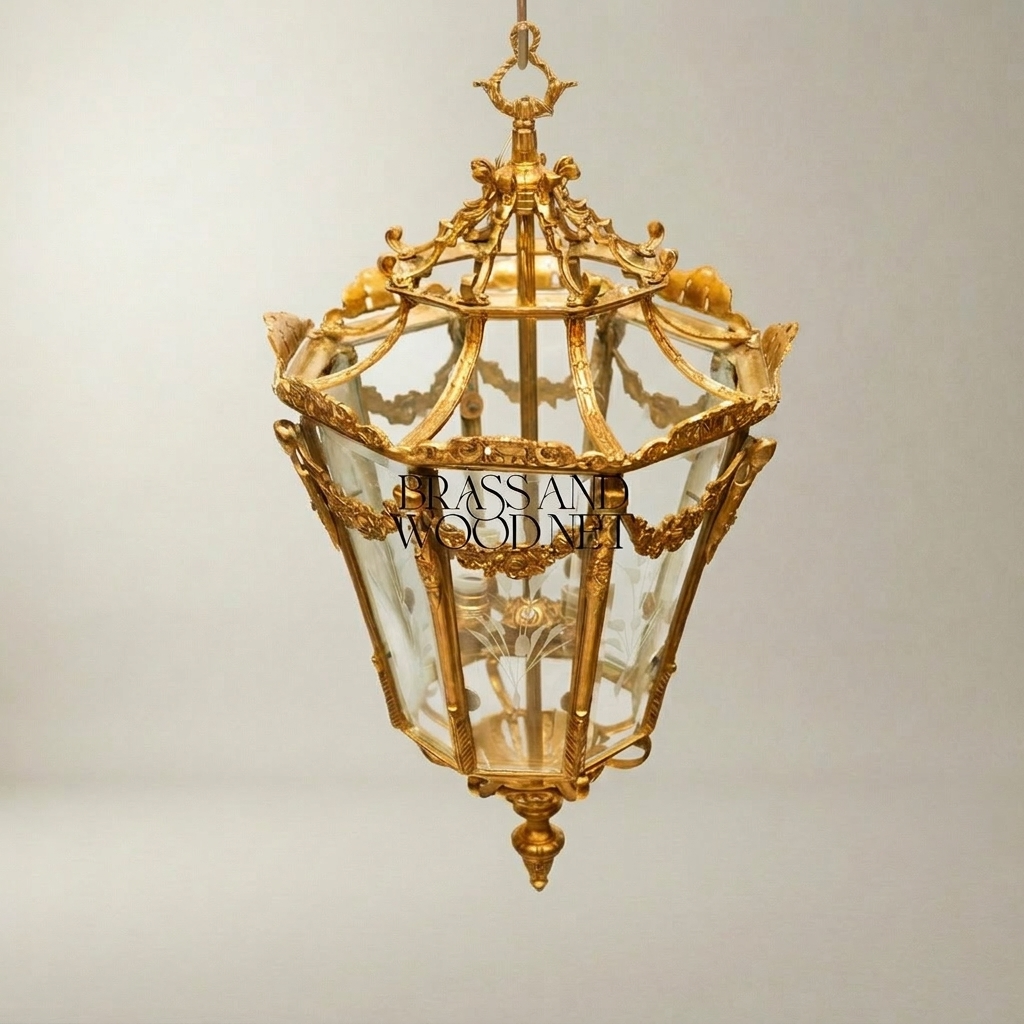 Louis XVI Neoclassical Brass Lantern Pendant with Floral Swag Panels