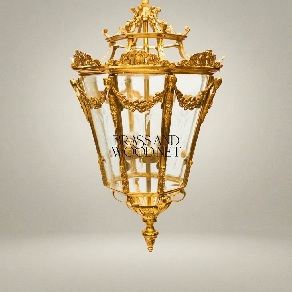 Louis XVI Neoclassical Brass Lantern Pendant with Floral Swag Panels — Gold