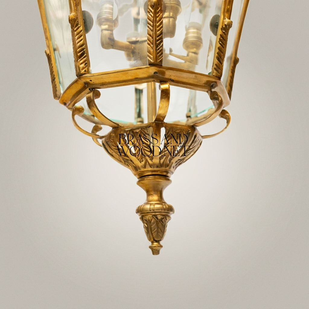 Louis XVI Neoclassical Brass Lantern Pendant with Floral Swag Panels — Antique Gold