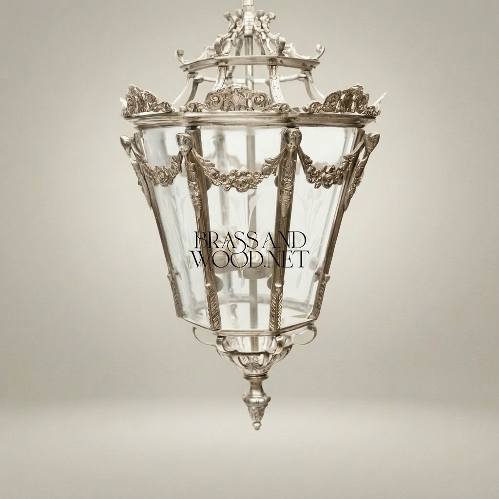 Louis XVI Neoclassical Brass Lantern Pendant with Floral Swag Panels — Silver
