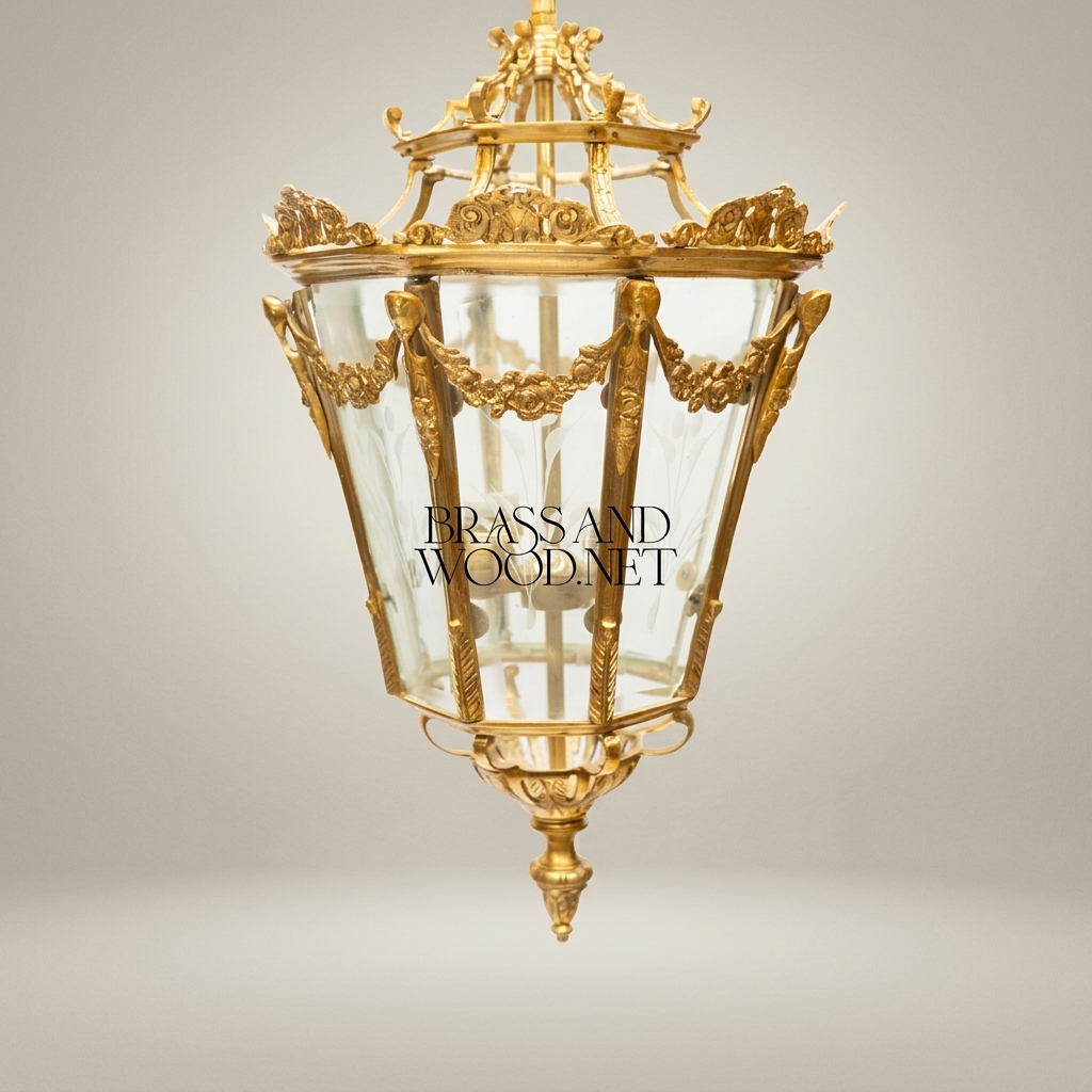 Louis XVI Neoclassical Brass Lantern Pendant with Floral Swag Panels — Antique Gold