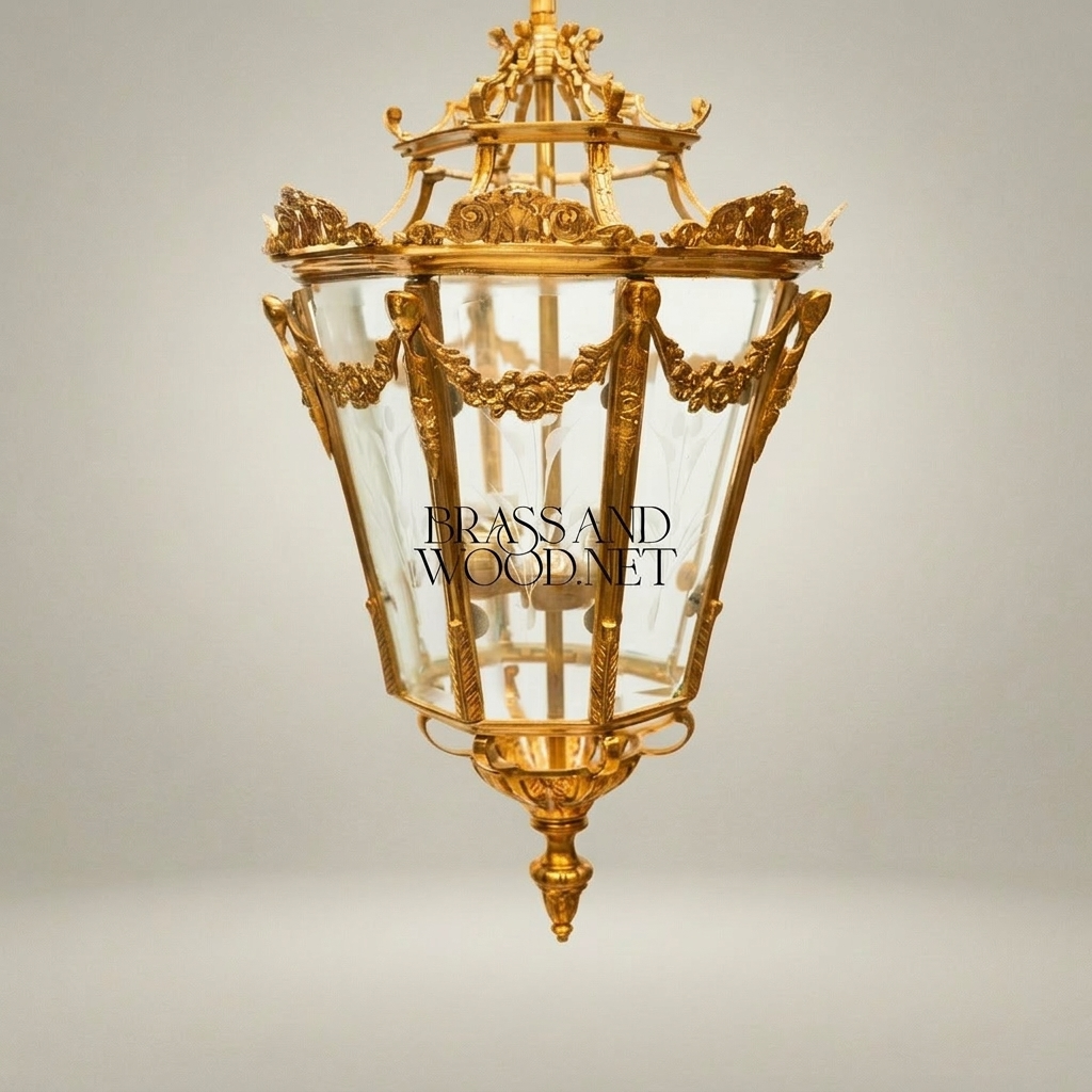 Louis XVI Neoclassical Brass Lantern Pendant with Floral Swag Panels — Gold