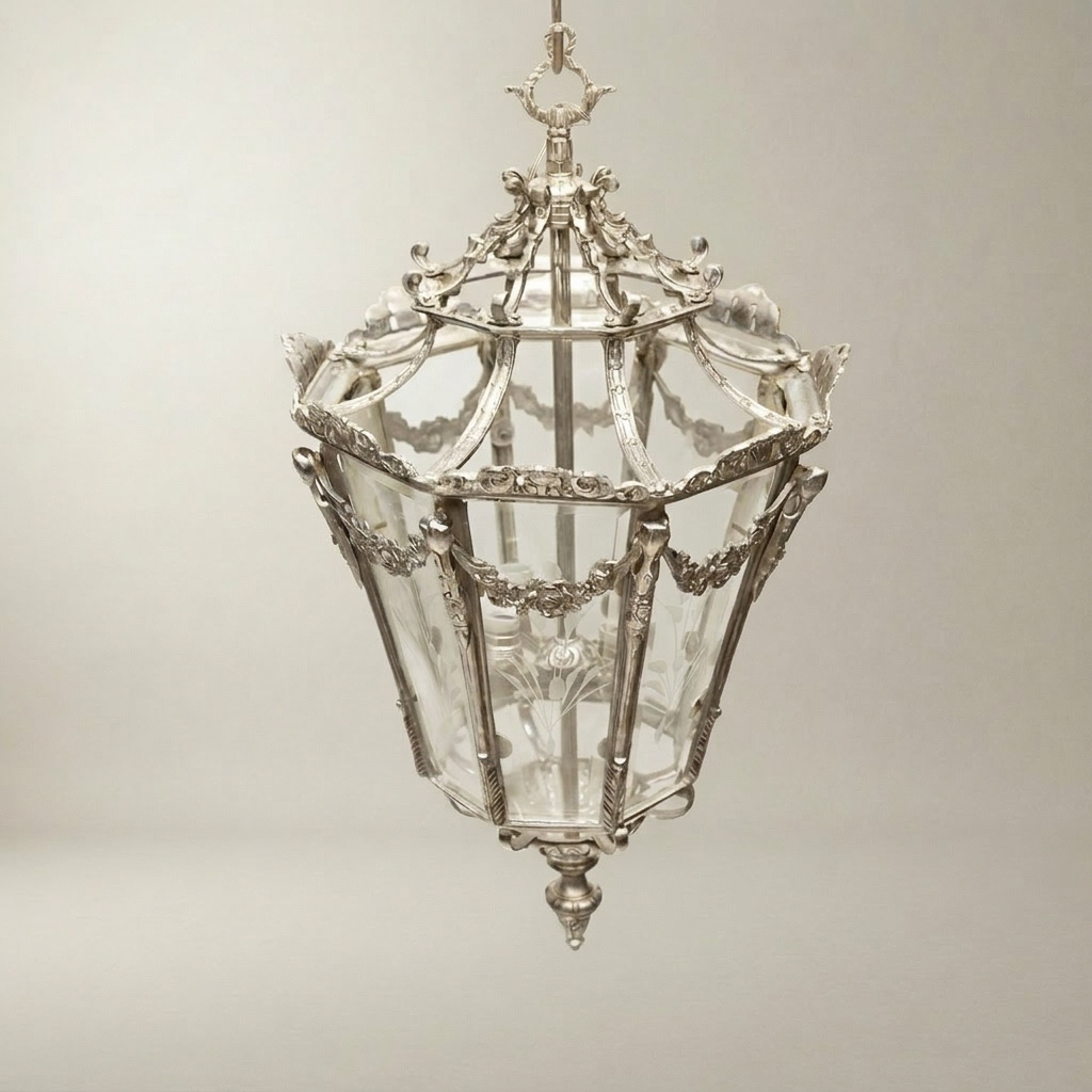 Louis XVI Neoclassical Brass Lantern Pendant with Floral Swag Panels — Silver