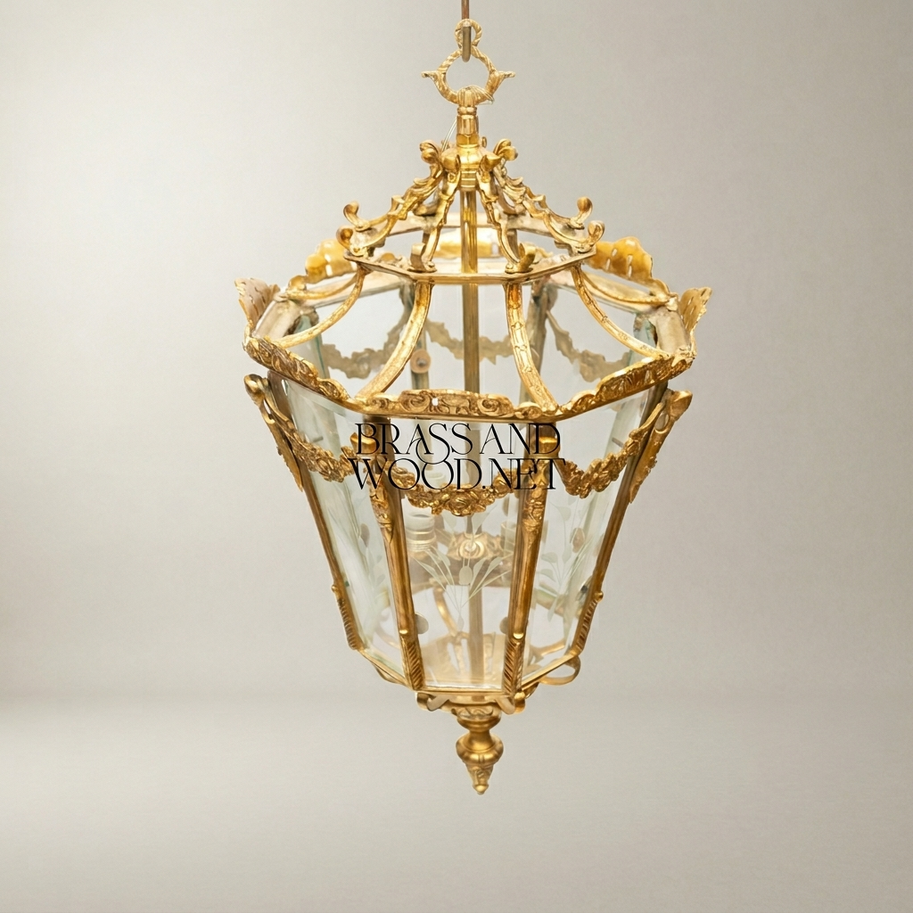 Louis XVI Neoclassical Brass Lantern Pendant with Floral Swag Panels — Antique Gold