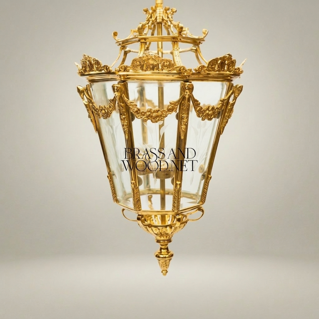 Louis XVI Neoclassical Brass Lantern Pendant with Floral Swag Panels