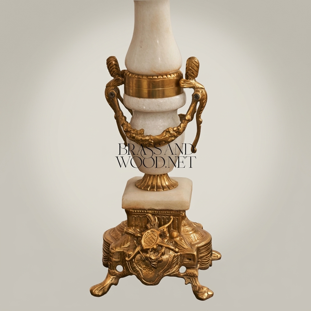 Louis XVI Neoclassical Brass & Marble 5-Arm Candelabra with Urn Column — Antique Gold