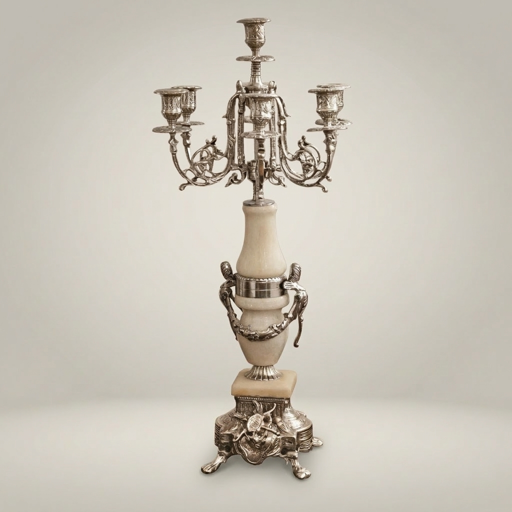 Louis XVI Neoclassical Brass & Marble 5-Arm Candelabra with Urn Column — Silver