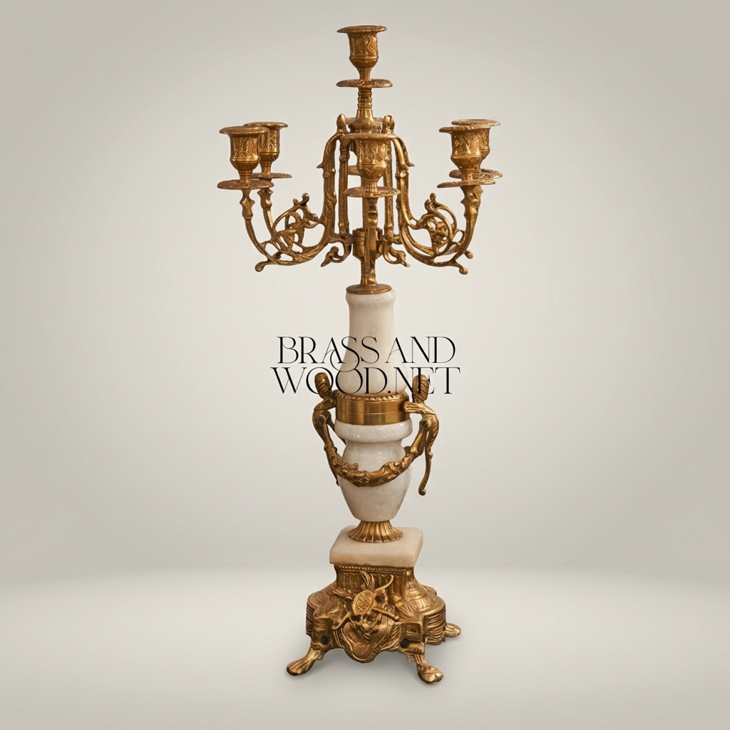 Louis XVI Neoclassical Brass & Marble 5-Arm Candelabra with Urn Column — Antique Gold
