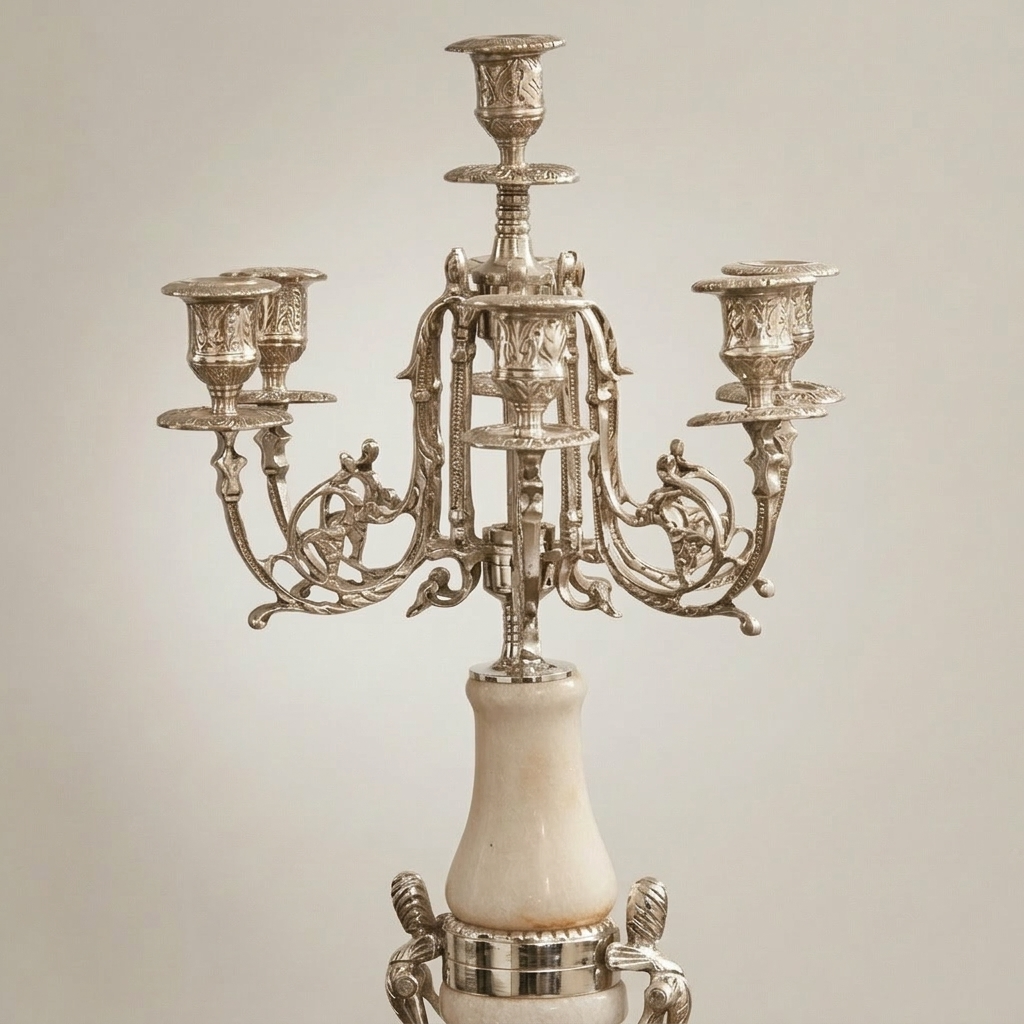 Louis XVI Neoclassical Brass & Marble 5-Arm Candelabra with Urn Column — Silver
