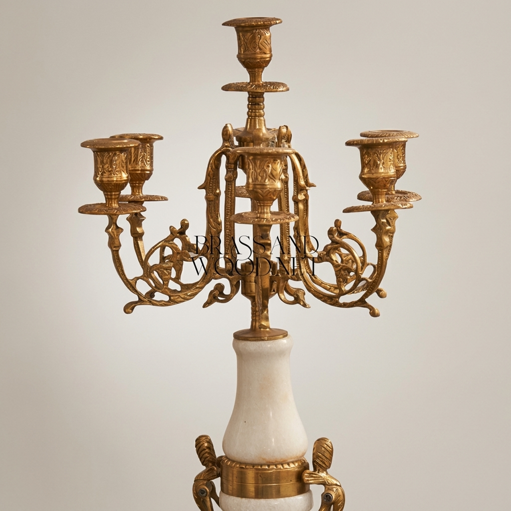 Louis XVI Neoclassical Brass & Marble 5-Arm Candelabra with Urn Column — Antique Gold