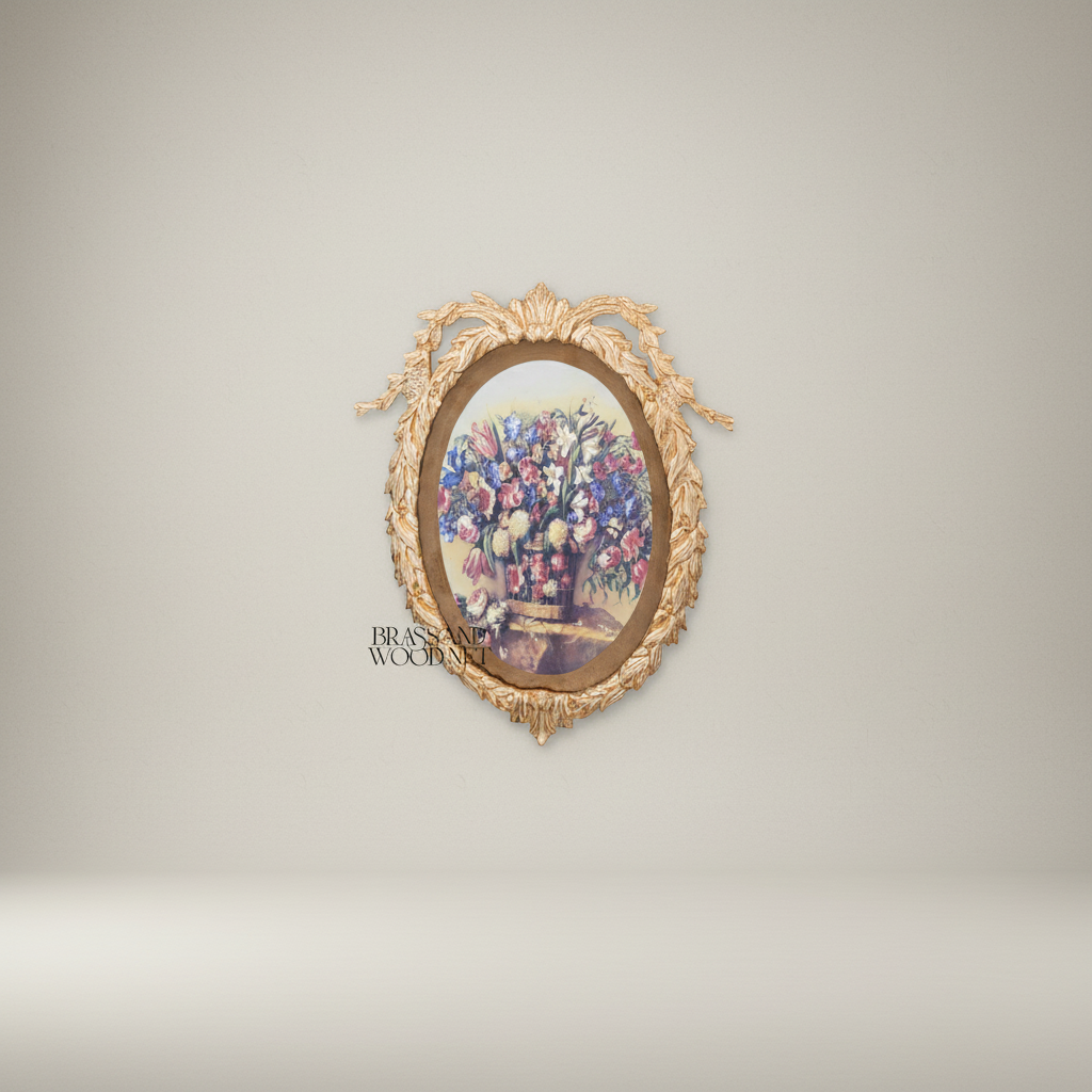 Louis XVI Neoclassical Brass Oval Wall Frame with Ribbon Swag & Acanthus Border — Gold