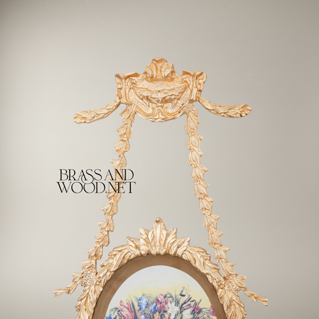 Louis XVI Neoclassical Brass Oval Wall Frame with Ribbon Swag & Acanthus Border — Gold
