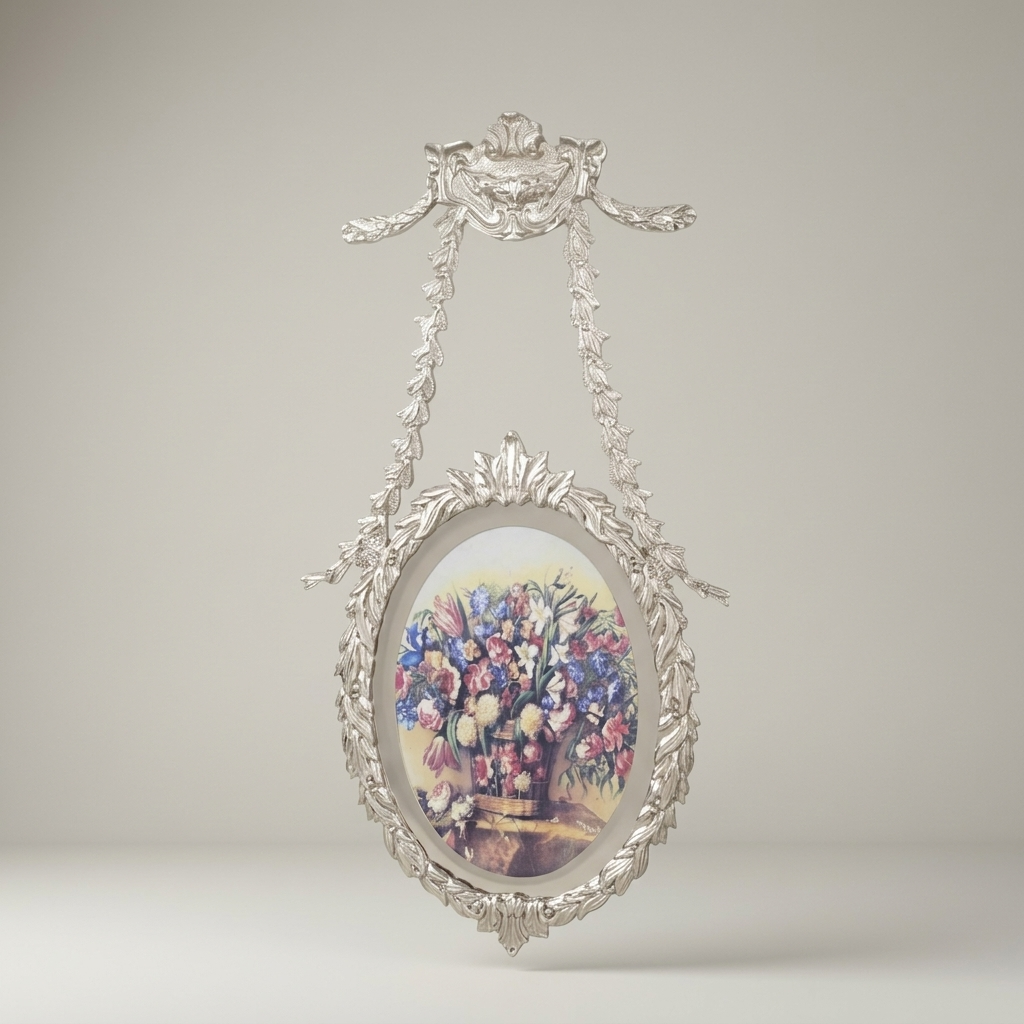 Louis XVI Neoclassical Brass Oval Wall Frame with Ribbon Swag & Acanthus Border — Silver