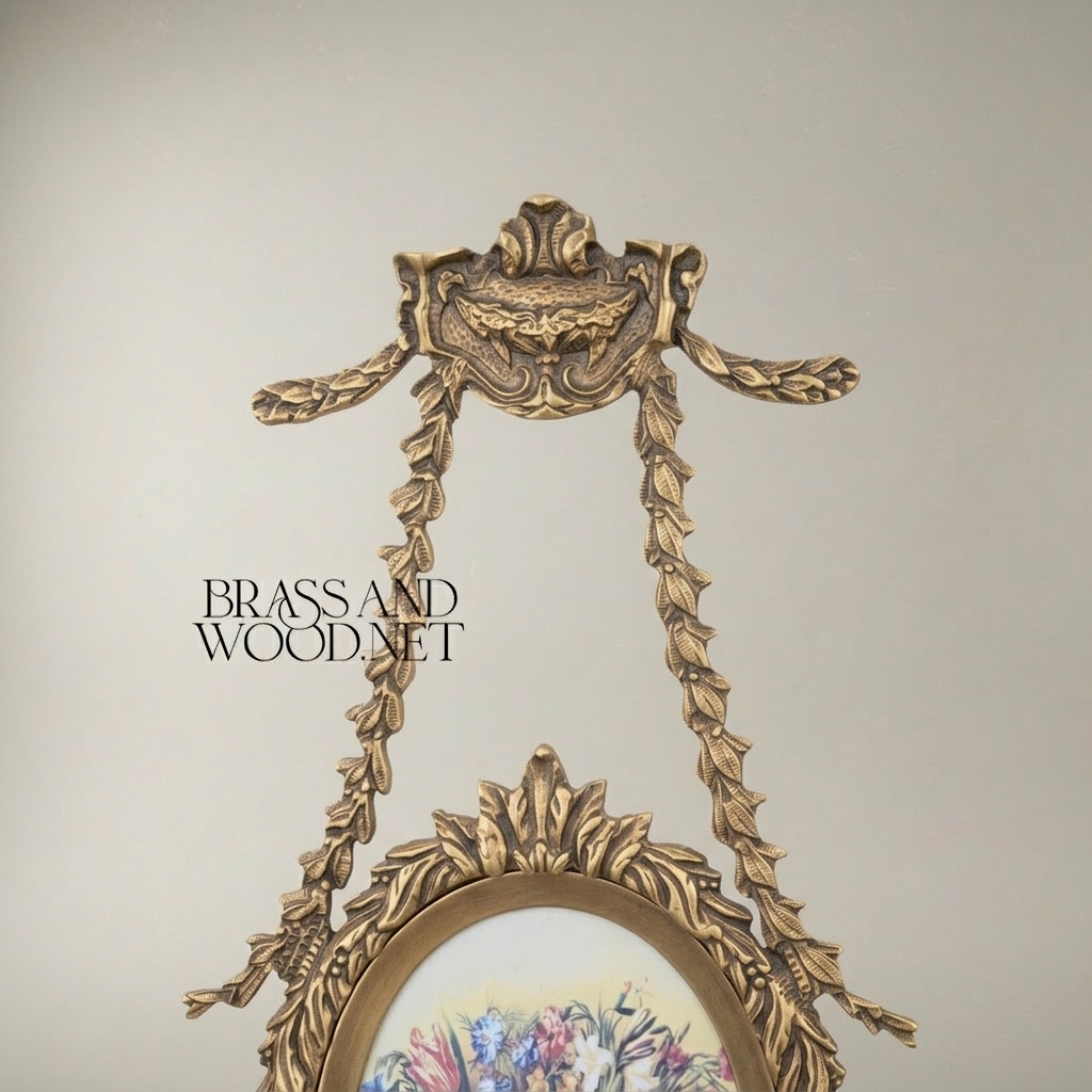 Louis XVI Neoclassical Brass Oval Wall Frame with Ribbon Swag & Acanthus Border