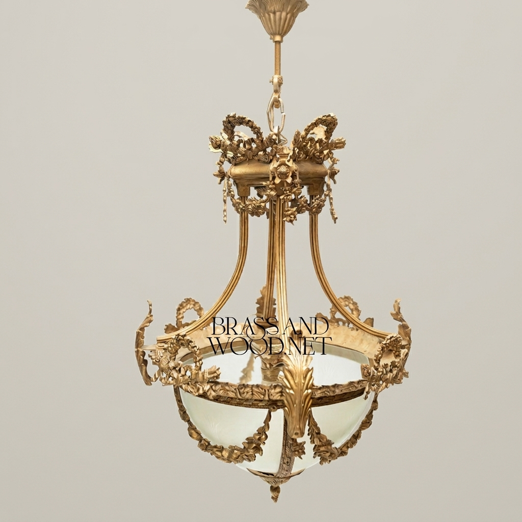Louis XVI Neoclassical Brass Pendant Lantern with Frosted Globe & Floral Wreath Crown — Antique Gold