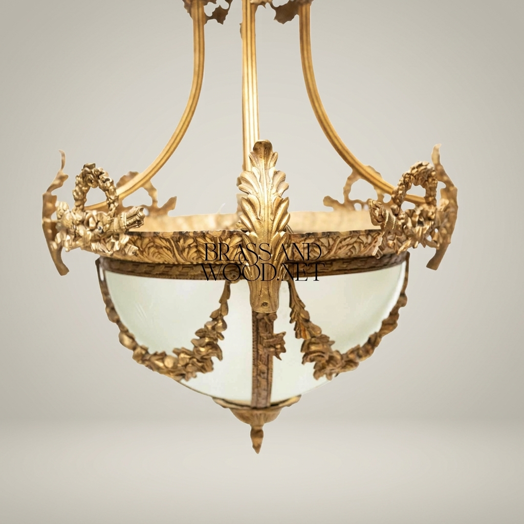 Louis XVI Neoclassical Brass Pendant Lantern with Frosted Globe & Floral Wreath Crown — Antique Gold