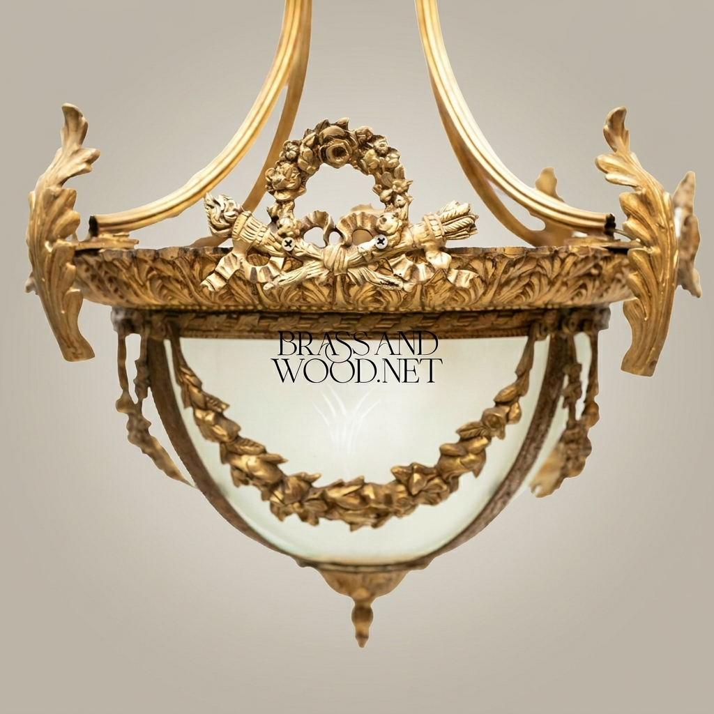 Louis XVI Neoclassical Brass Pendant Lantern with Frosted Globe & Floral Wreath Crown — Antique Gold