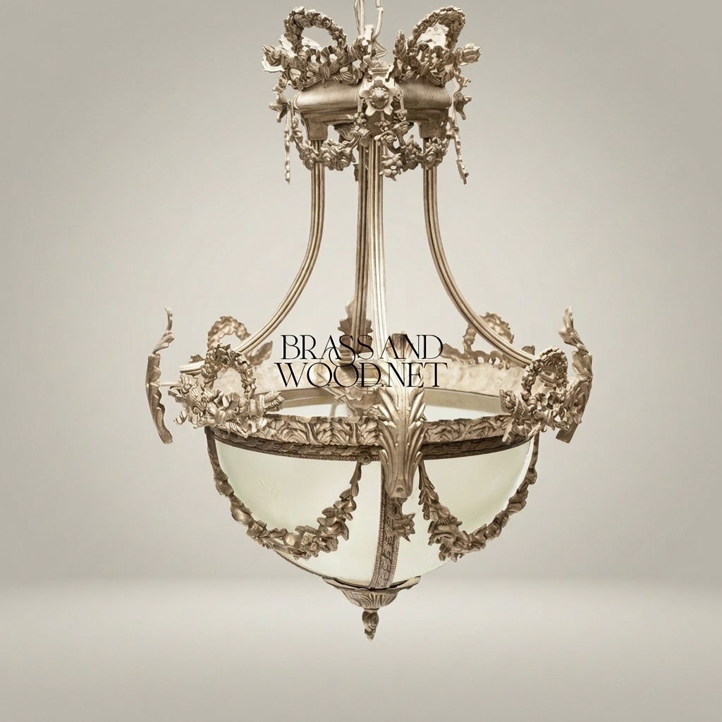 Louis XVI Neoclassical Brass Pendant Lantern with Frosted Globe & Floral Wreath Crown — Silver