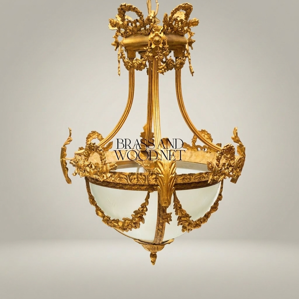 Louis XVI Neoclassical Brass Pendant Lantern with Frosted Globe & Floral Wreath Crown